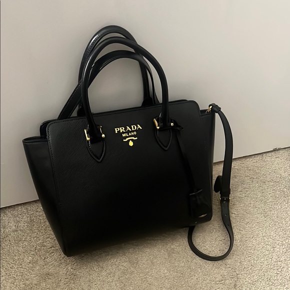 Prada Handbags - Prada Black Saffiano Leather Satchel with Gold Logo Hardware